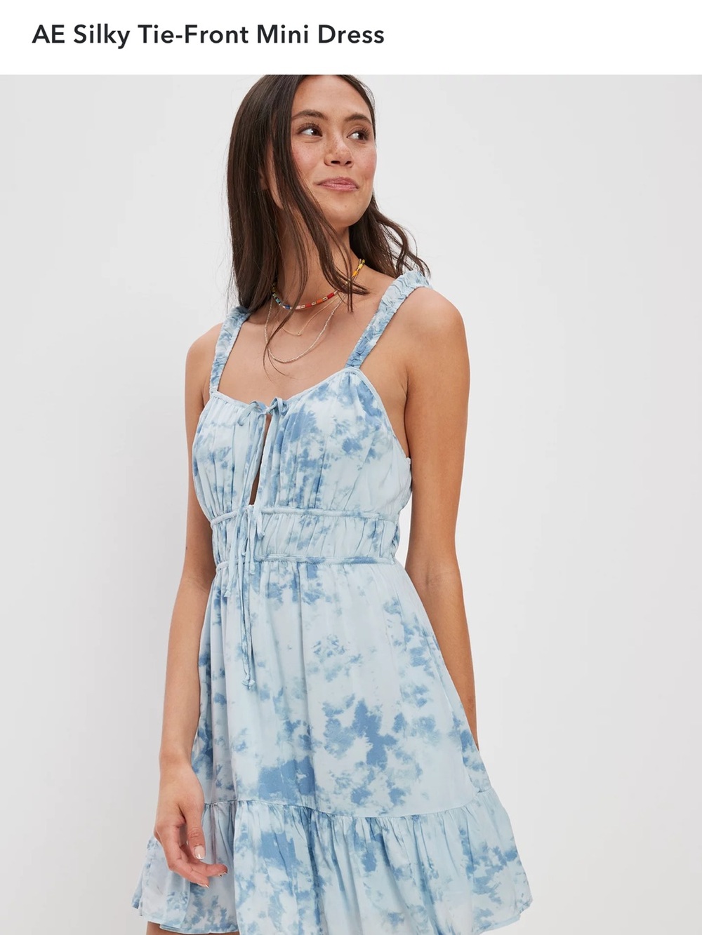 American Eagle Outfitters Blue Tie-Dye Silky Tie-Front Mini Dress